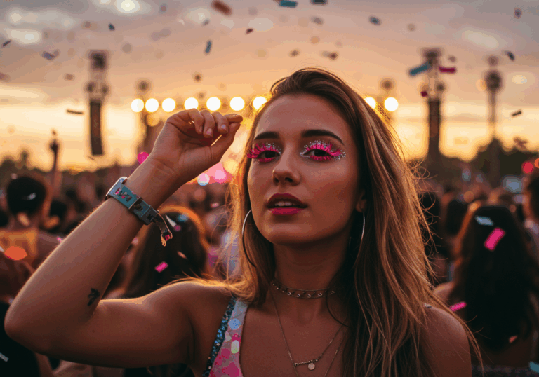 A woman with vibrant pink makeup enjoying a lively atmosphere at a music festival.