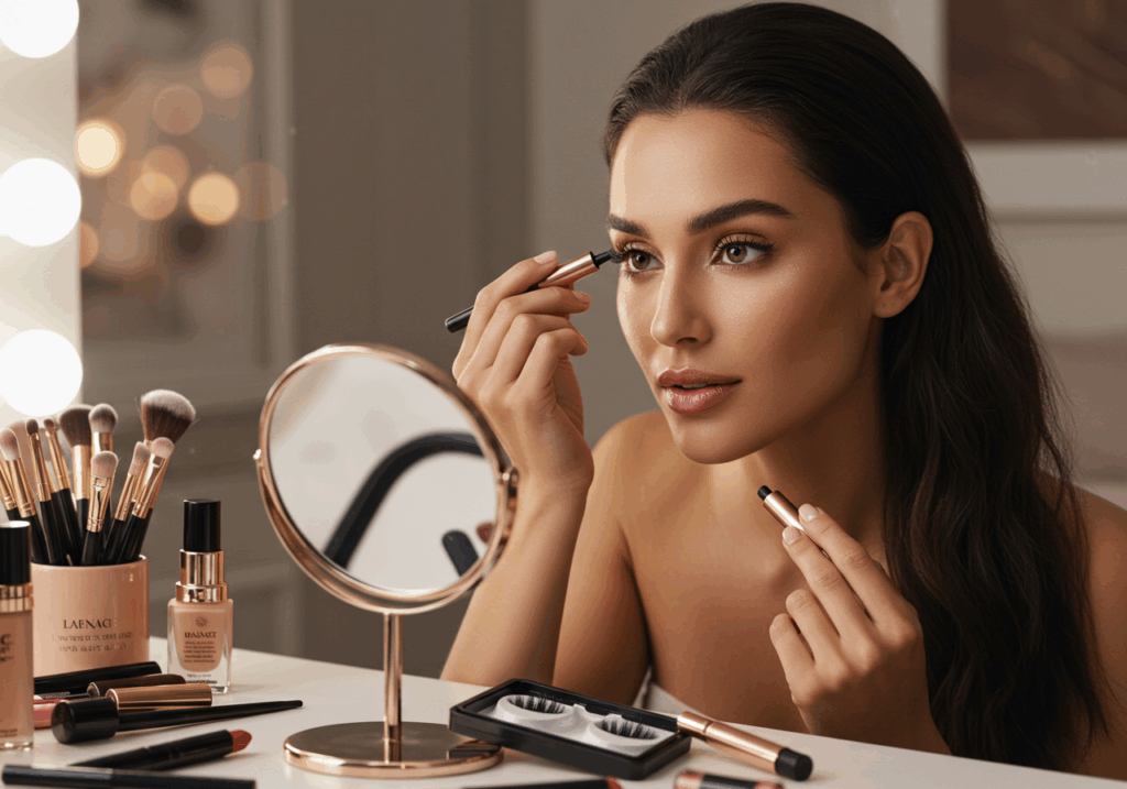 A lovely woman carefully applying makeup in front of a mirror, highlighting her features with precision.