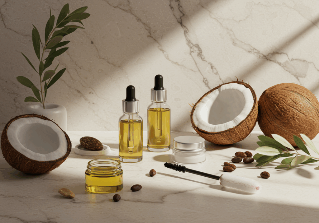 Coconut oil bottles arranged for natural lash care, highlighting oils, serums, and gentle maintenance products.