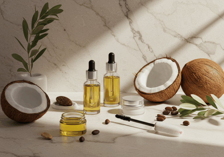 Coconut oil bottles arranged for natural lash care, highlighting oils, serums, and gentle maintenance products.