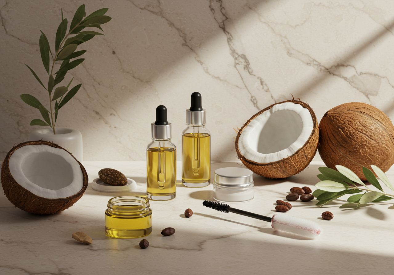 Coconut oil bottles arranged for natural lash care, highlighting oils, serums, and gentle maintenance products.