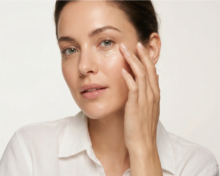 woman applying caffeine eye serum
