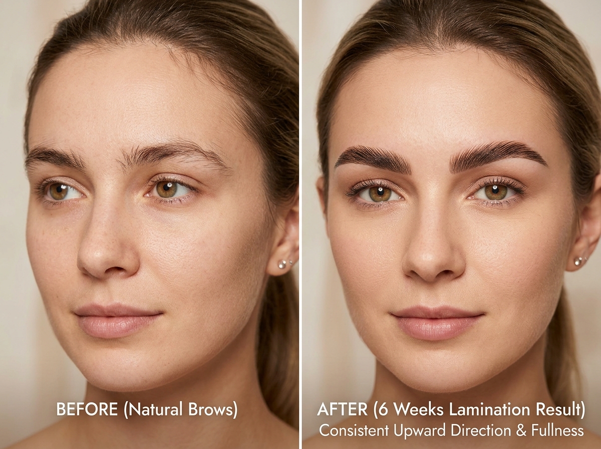 brow lamination before and after six weeks with proper aftercare