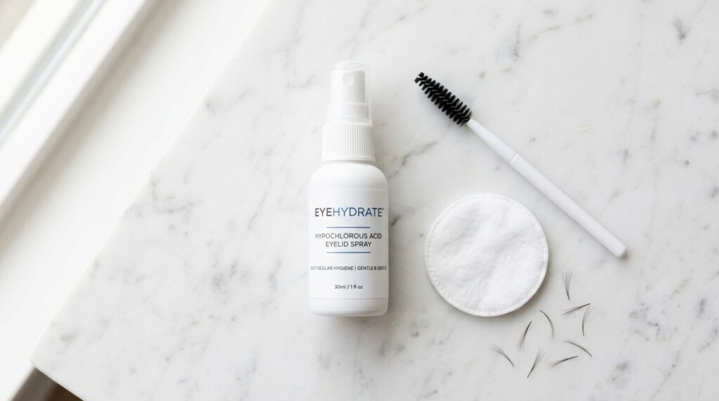 hypochlorous acid eyelid spray with spoolie and applicator on marble