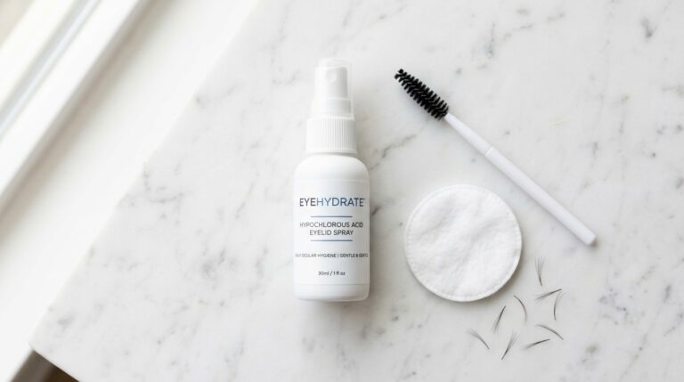 hypochlorous acid eyelid spray with spoolie and applicator on marble