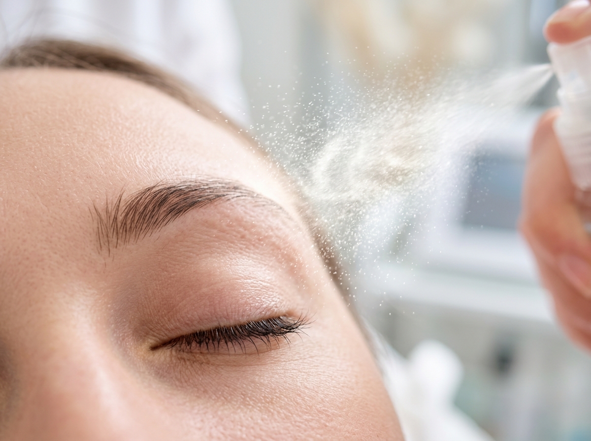 hypochlorous acid mist spray applied to closed eyelid for lash hygiene