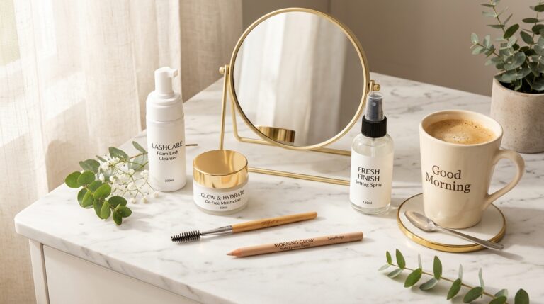 morning beauty routine products for lash extension wearers on vanity