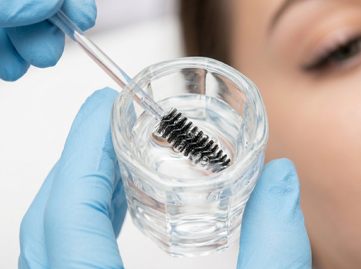spoolie applying hypochlorous acid to lash extension line