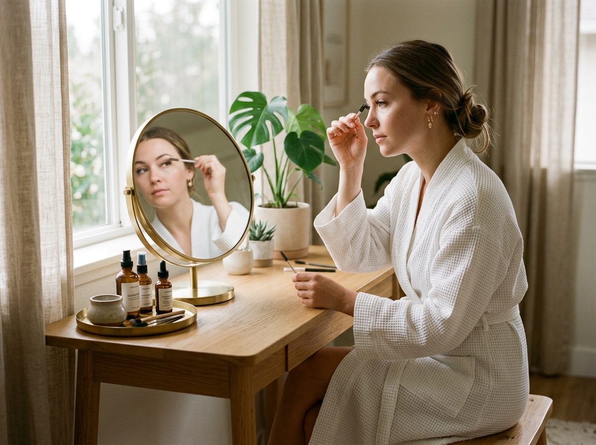 woman brushing lash extensions with spoolie in morning routine