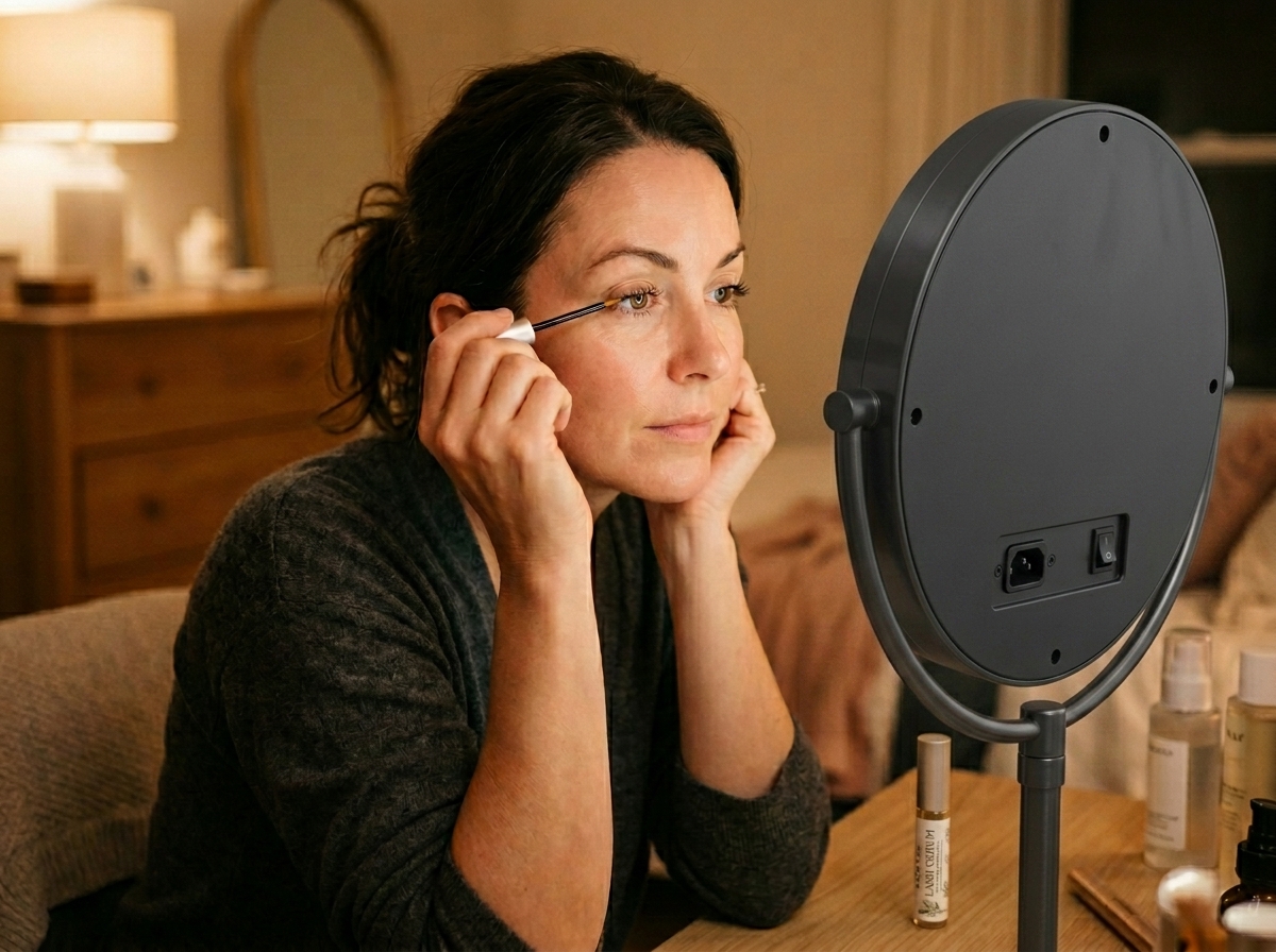 woman over 40 applying lash growth serum to upper lash line