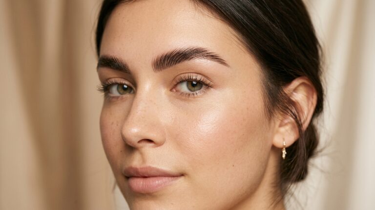 woman with perfectly laminated fluffy brows after brow lamination treatment