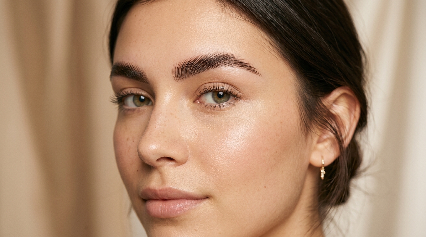 woman with perfectly laminated fluffy brows after brow lamination treatment