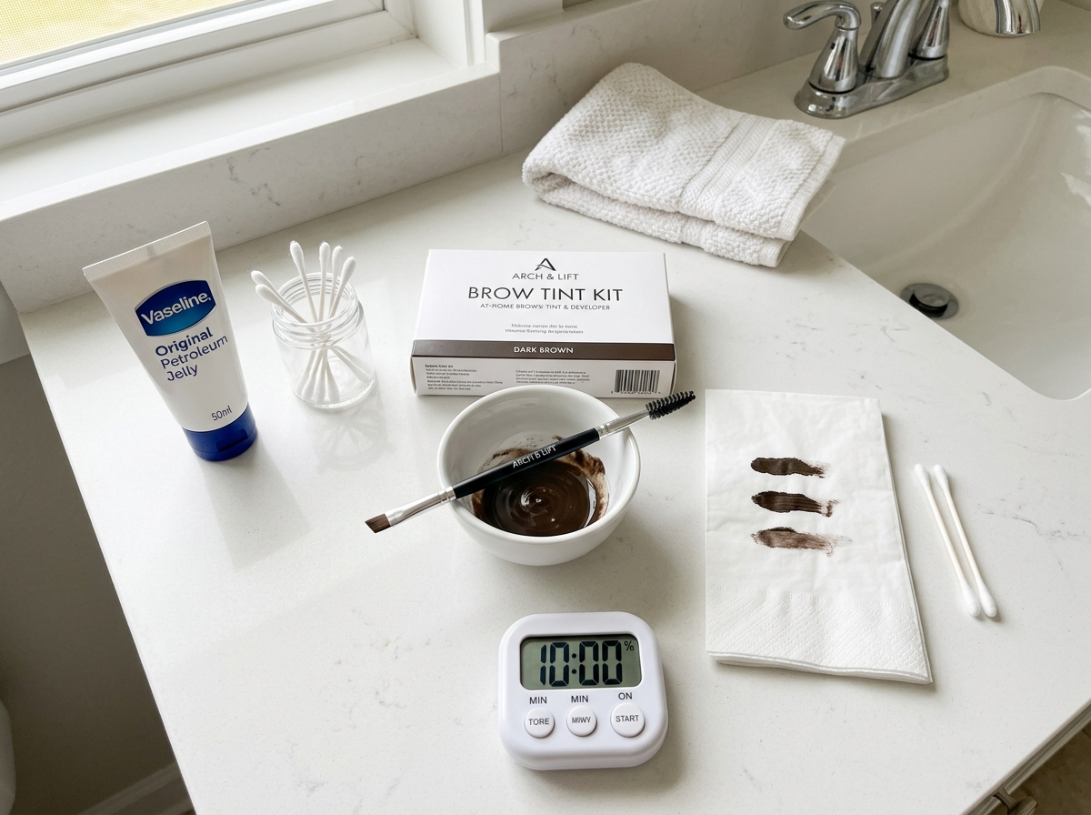 at home brow tinting supplies arranged in application order on bathroom counter