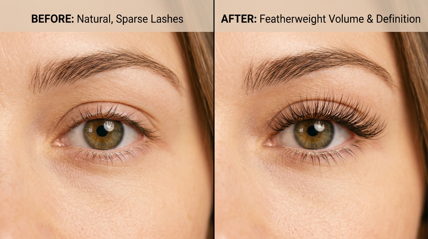 before and after featherweight lash extensions on fine natural lashes