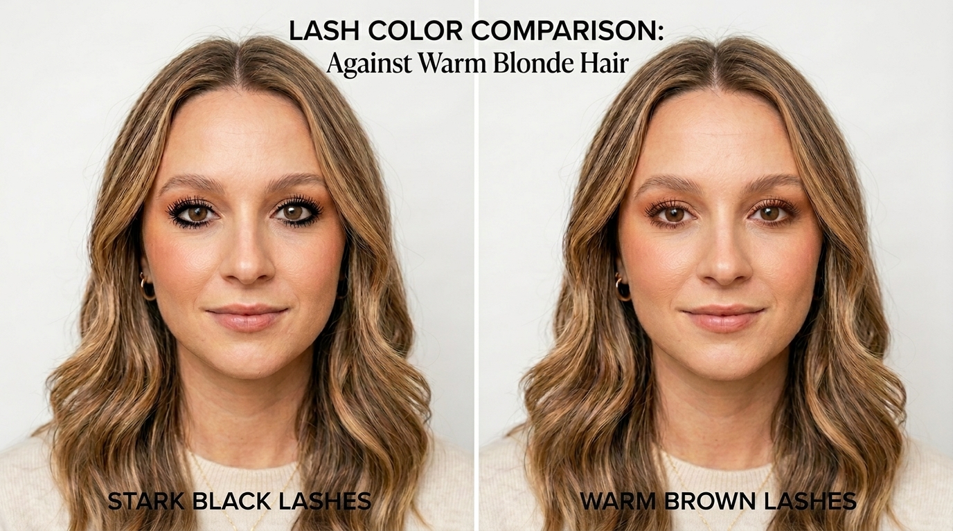 black versus brown lash tint on highlighted blonde hair comparison