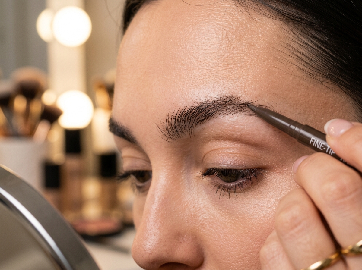 fine tip brow pencil making hair stroke marks for soft defined brows