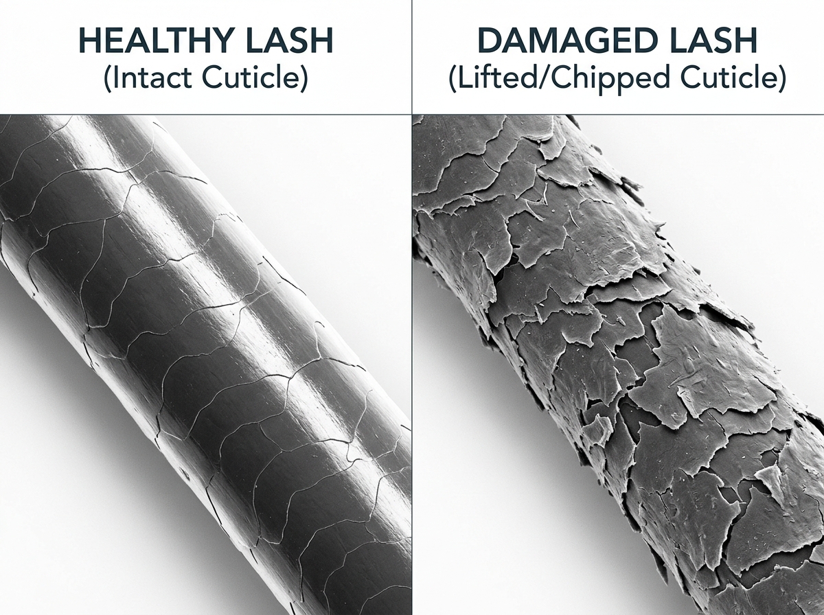 healthy lash cuticle versus damaged lash cuticle under magnification