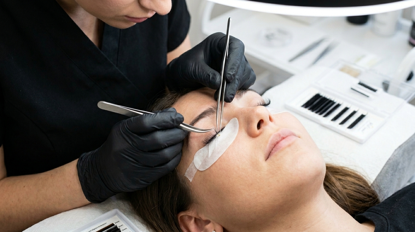 lash artist applying individual short classic extension with tweezers