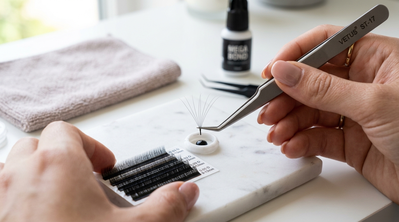 lash artist constructing open airy featherweight fan with fine tweezers