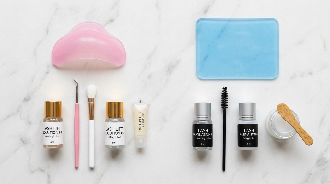 lash lift shield and lash lamination pad tools comparison flat lay