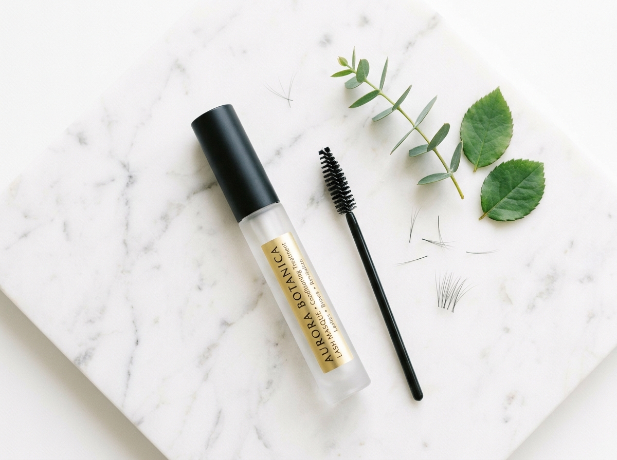 lash masque conditioning treatment product with spoolie on marble surface