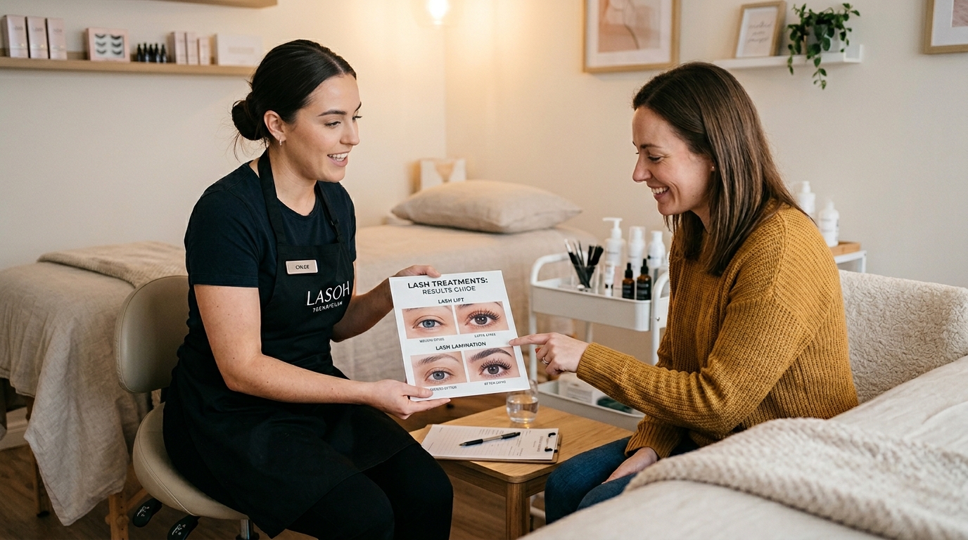 lash technician showing client lash lift and lamination comparison results