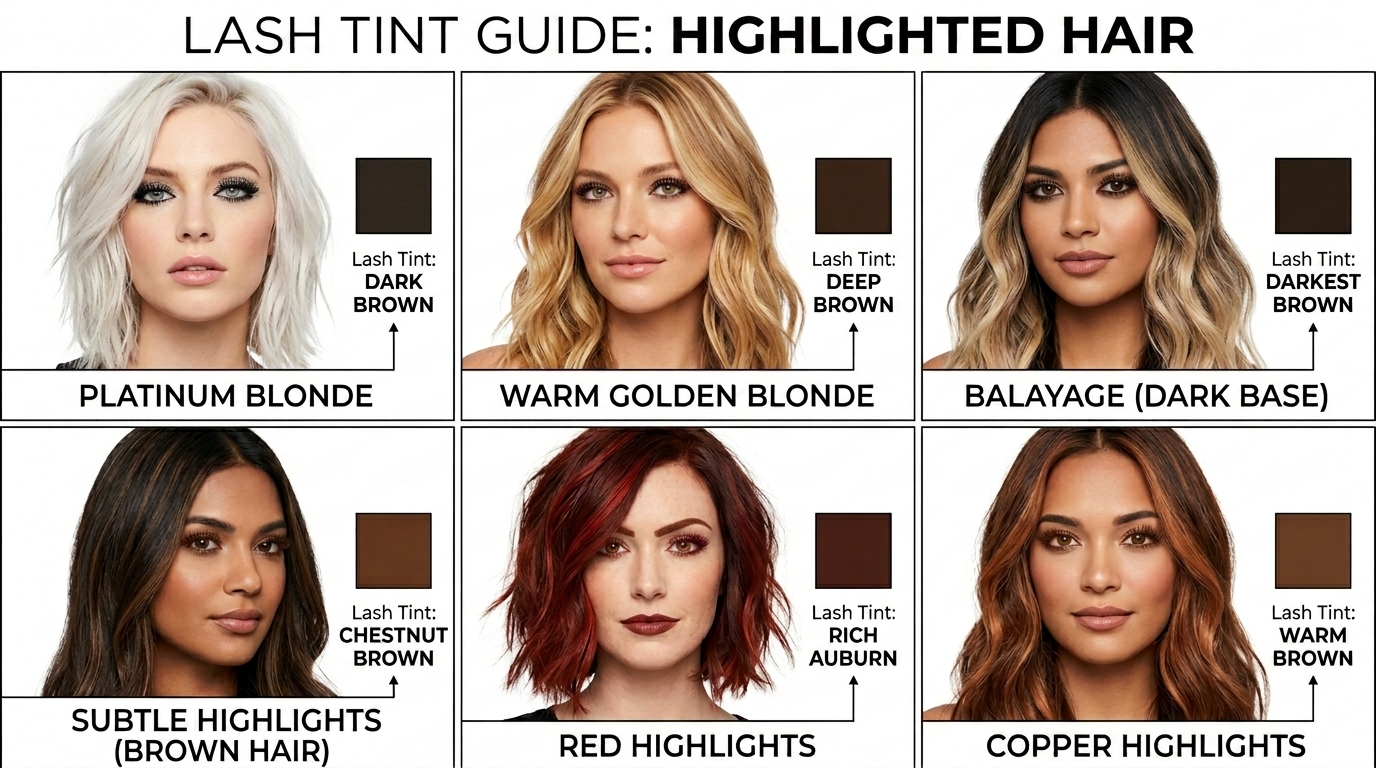 lash tint shade guide for six different highlighted hair color types