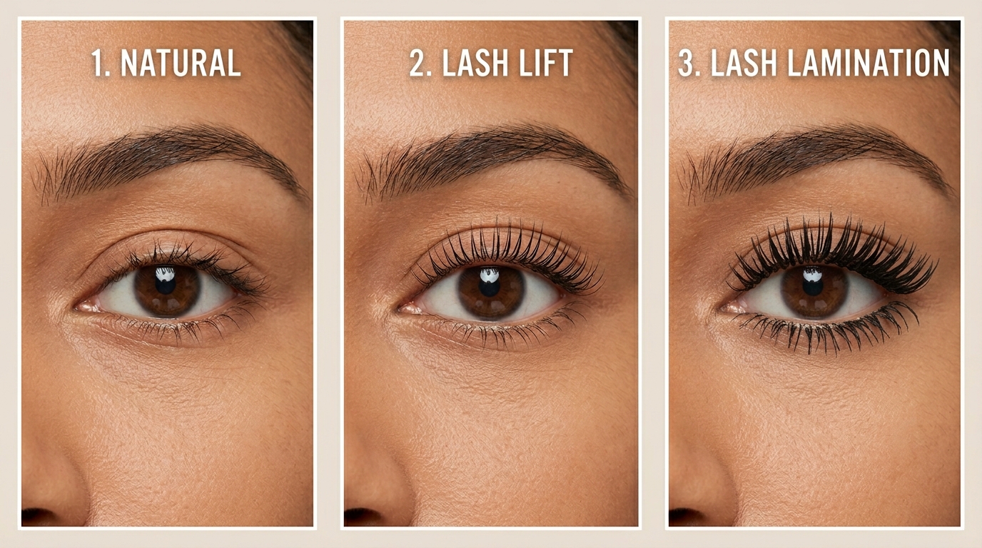 natural lashes versus lash lift versus lash lamination three way comparison