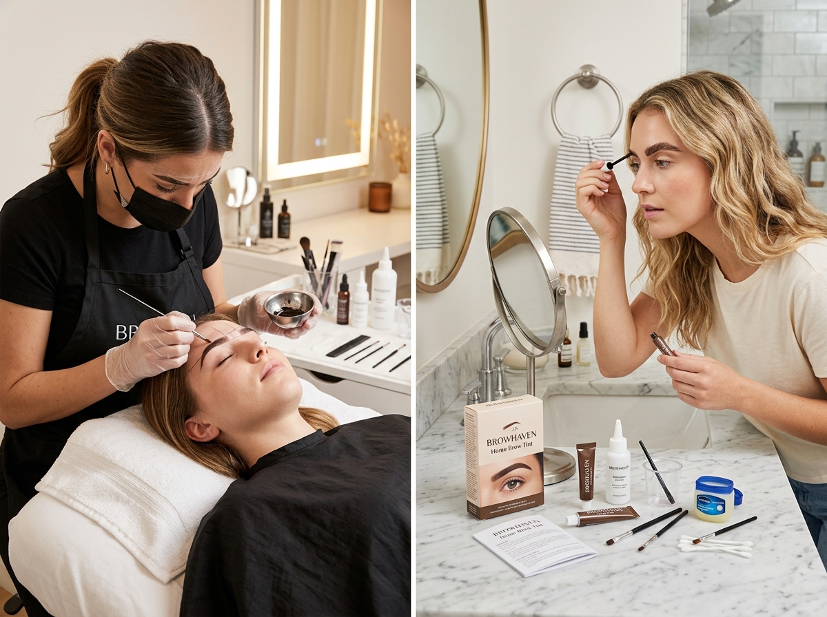 professional brow tinting salon setup versus at home brow tint kit comparison