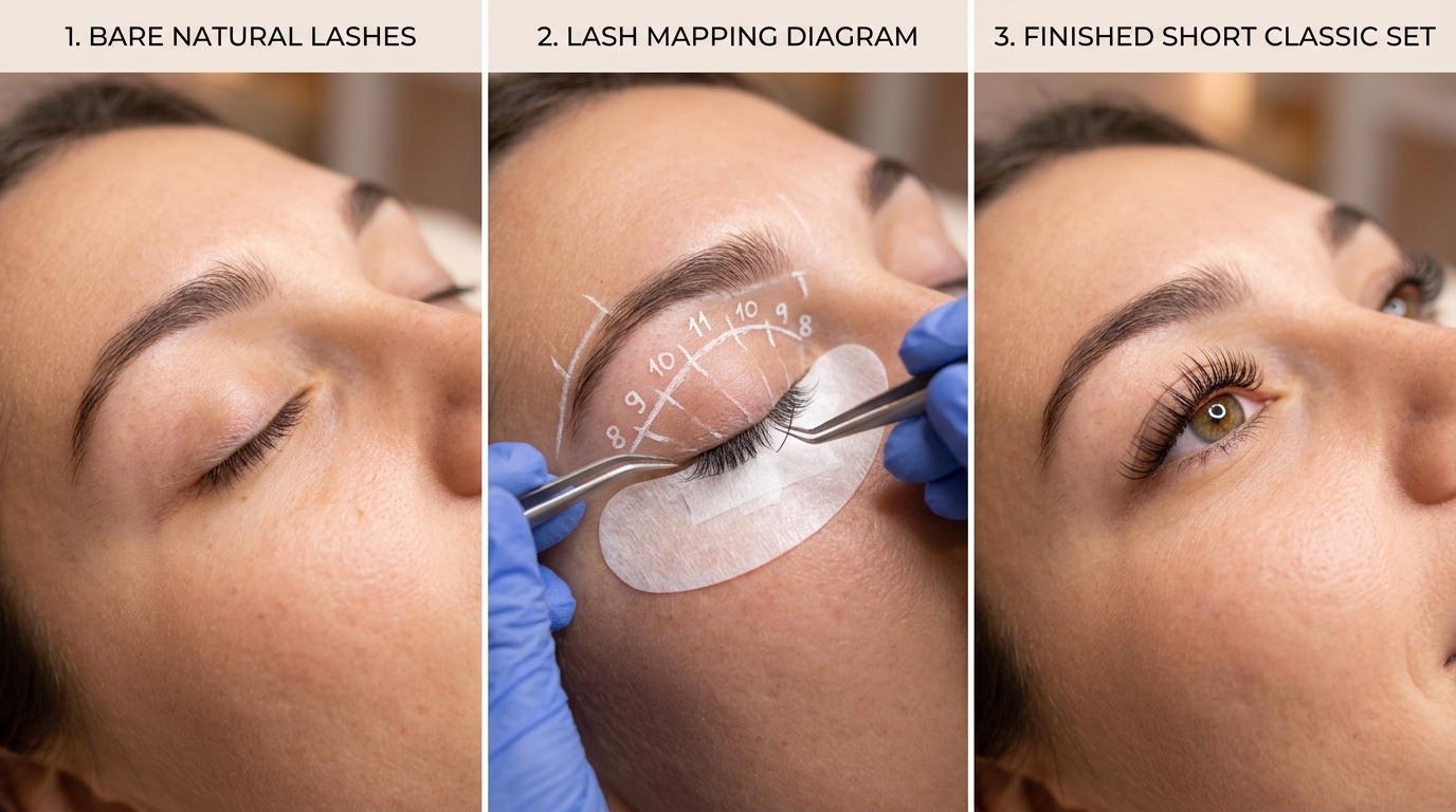 short classic lash extension application progression from natural to finished