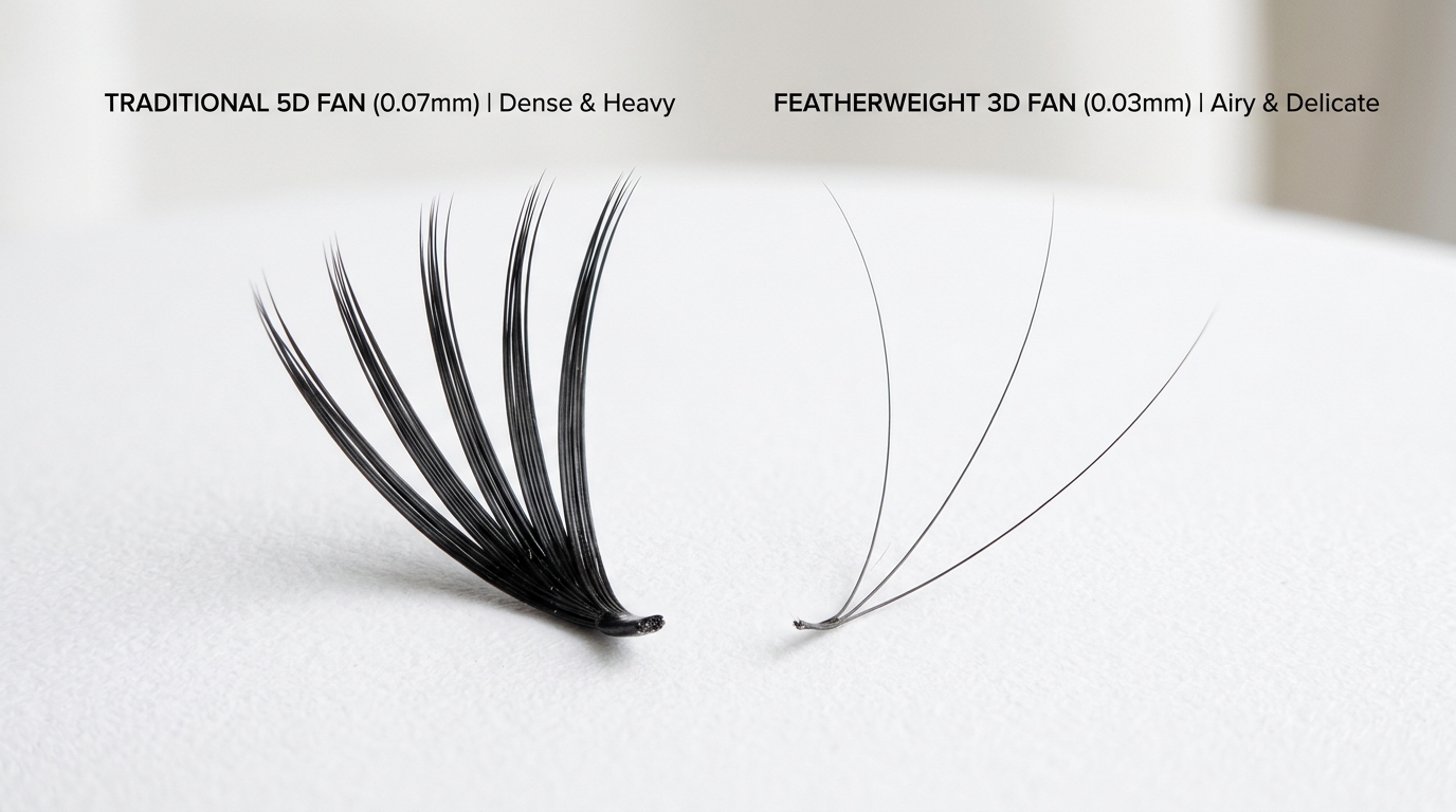 traditional volume fan versus featherweight lash fan diameter comparison