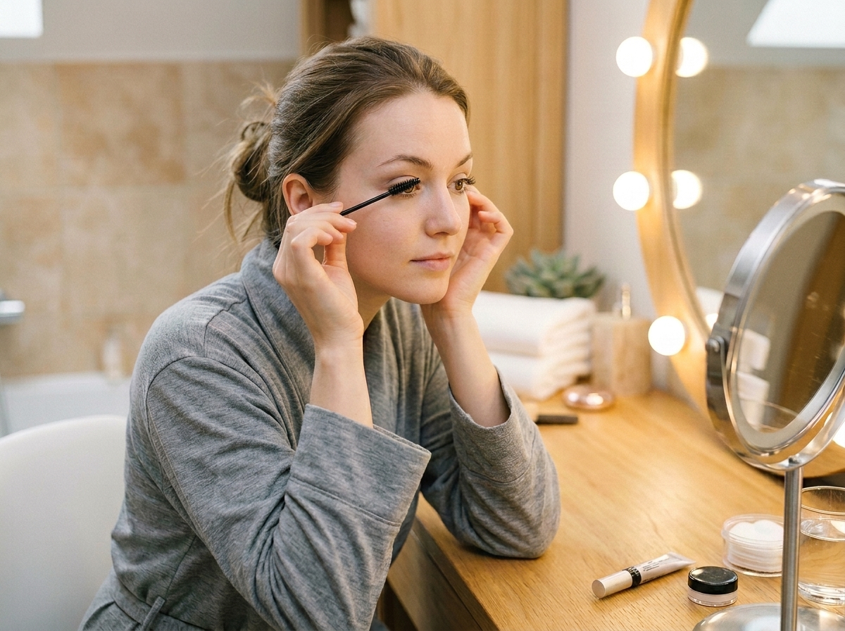 woman applying lash masque to natural lashes with spoolie brush