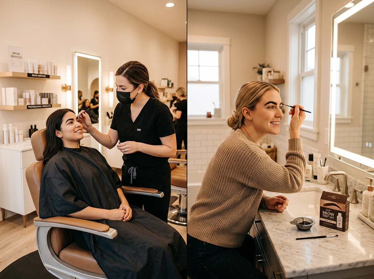 woman getting professional brow tint at salon versus woman doing brow tint at home