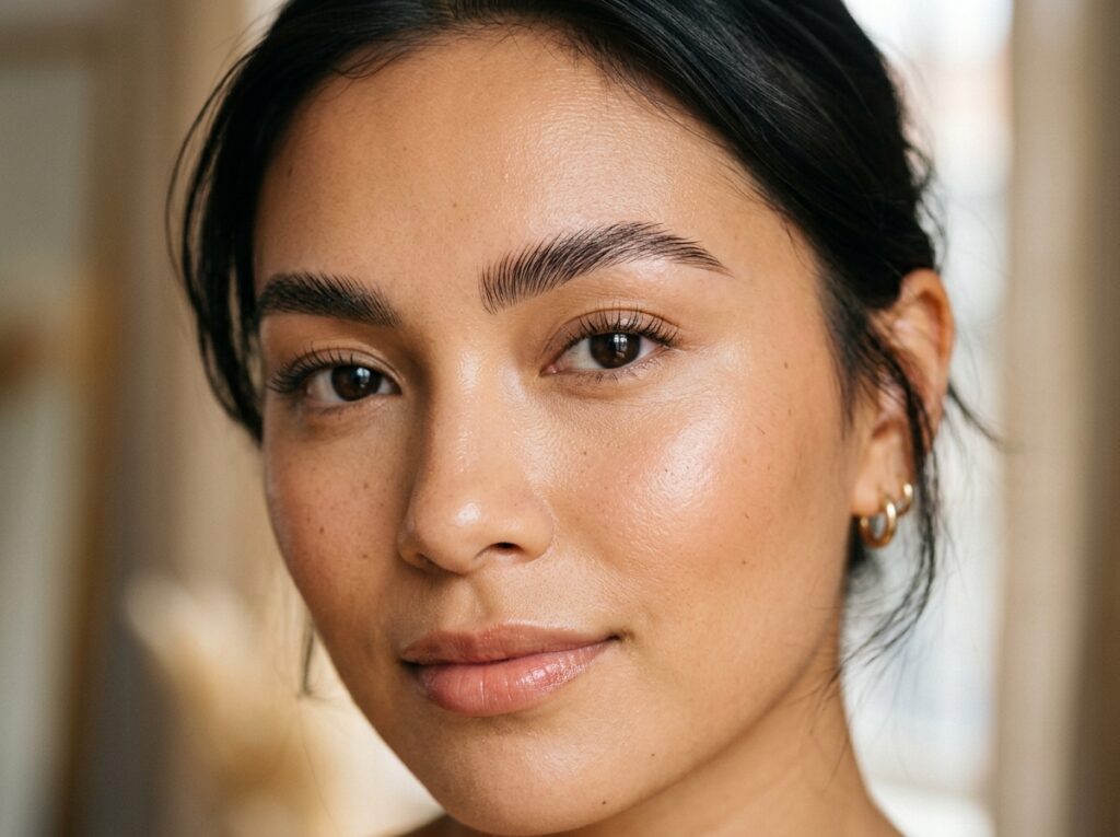 woman with soft defined natural brows showing 2026 brow trend