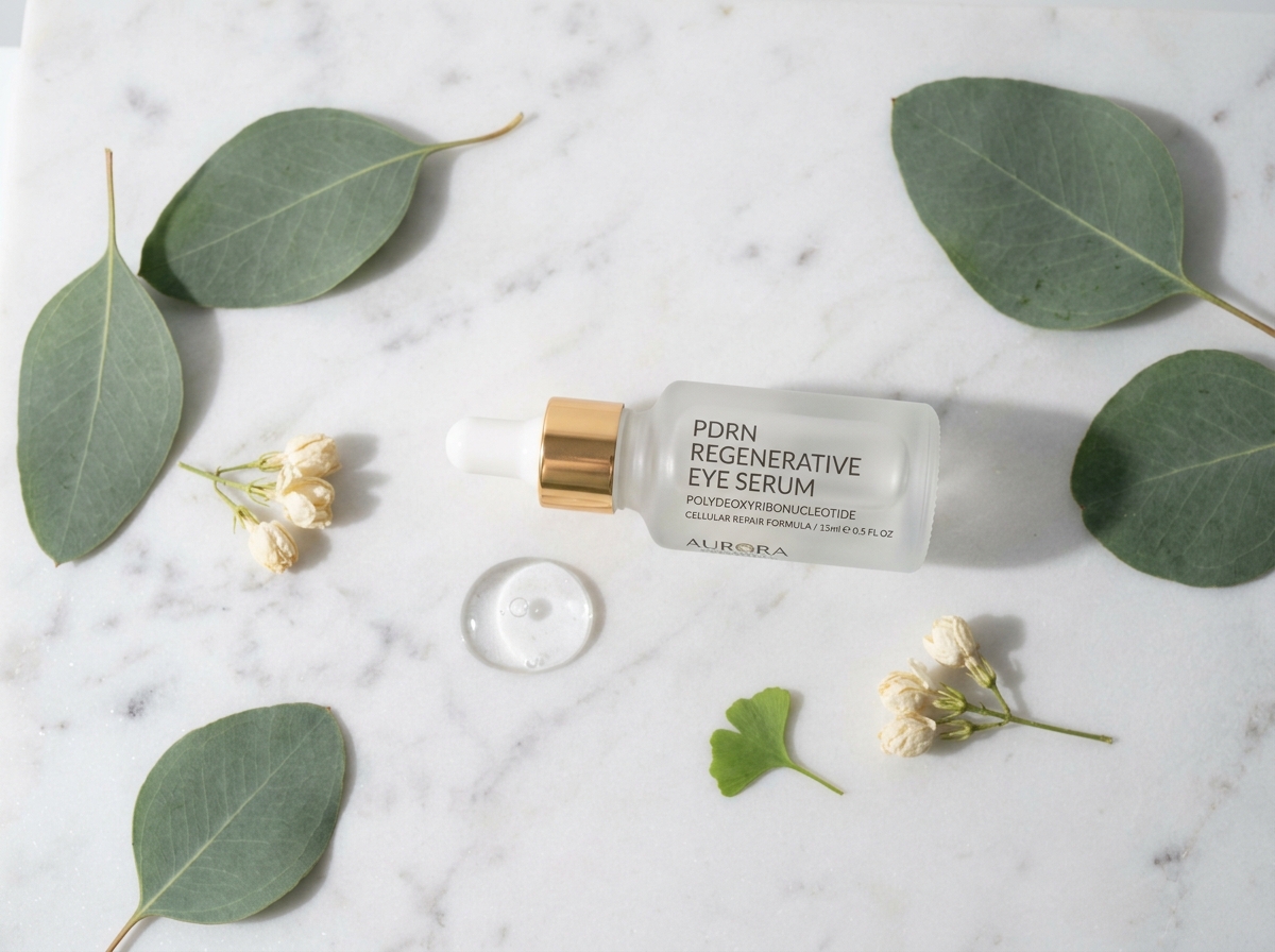 The PDRN skincare eye serum ampoule on white marble surface