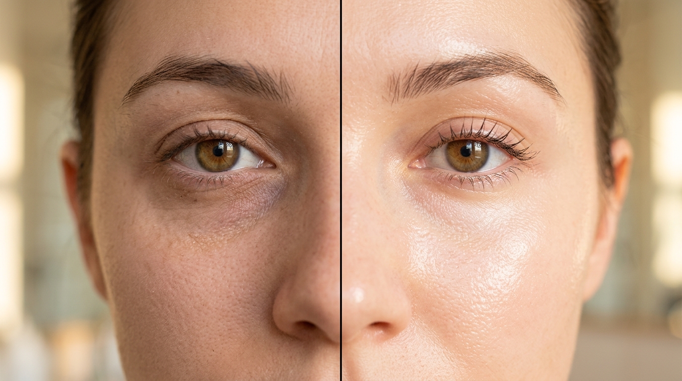 before and after glass skin eye area technique showing luminous transformation