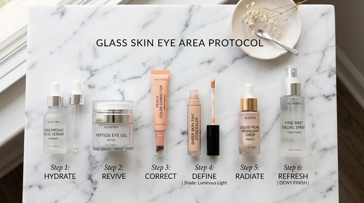 glass skin eye area skincare and makeup products in application order