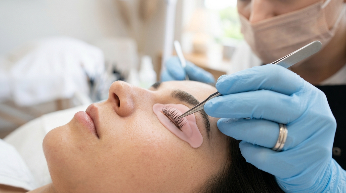 lash technician applying micro lash lift rod to client natural lashes