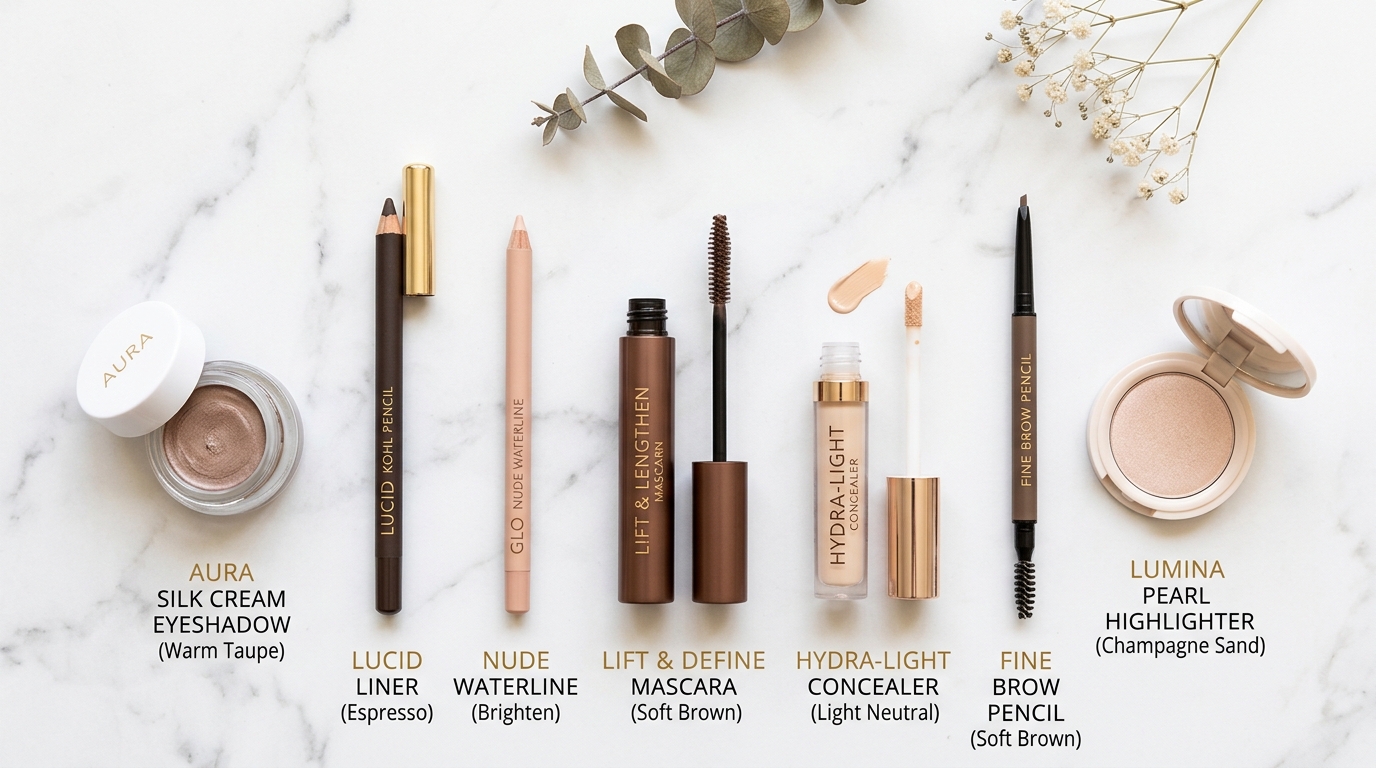 mature skin eye makeup product selection with warm neutrals and gentle formulas