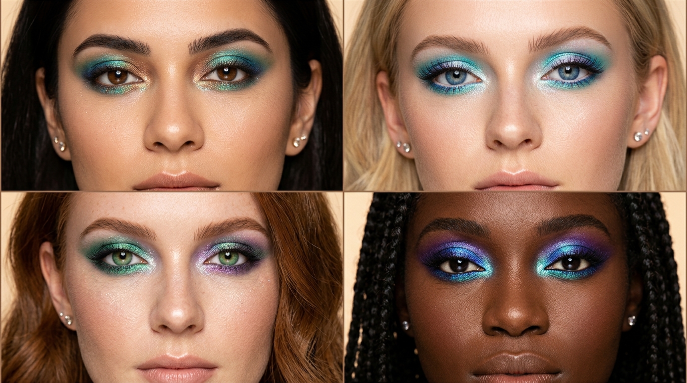 mermaid eye makeup adapted for four different eye colors and skin tones