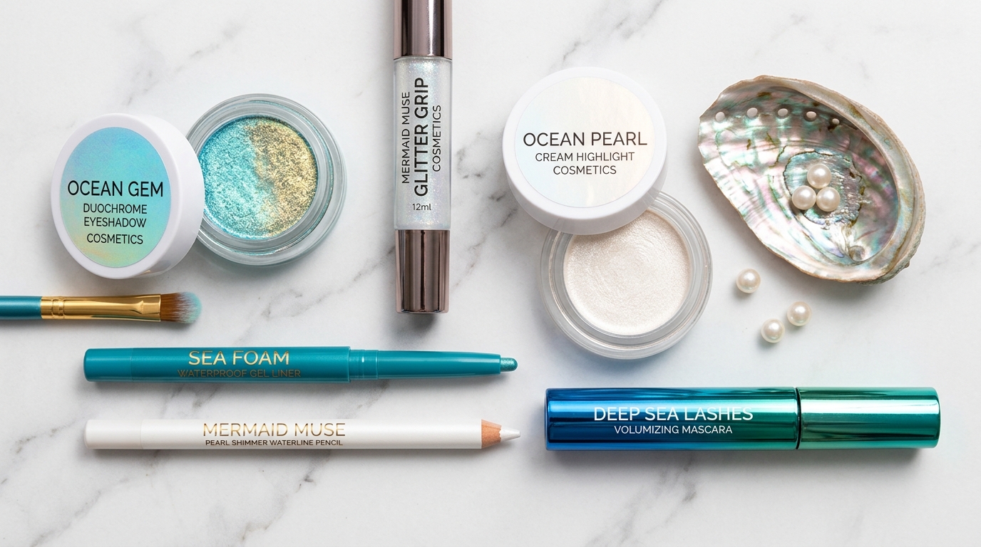 mermaid eye makeup product selection with iridescent shadows and teal liner
