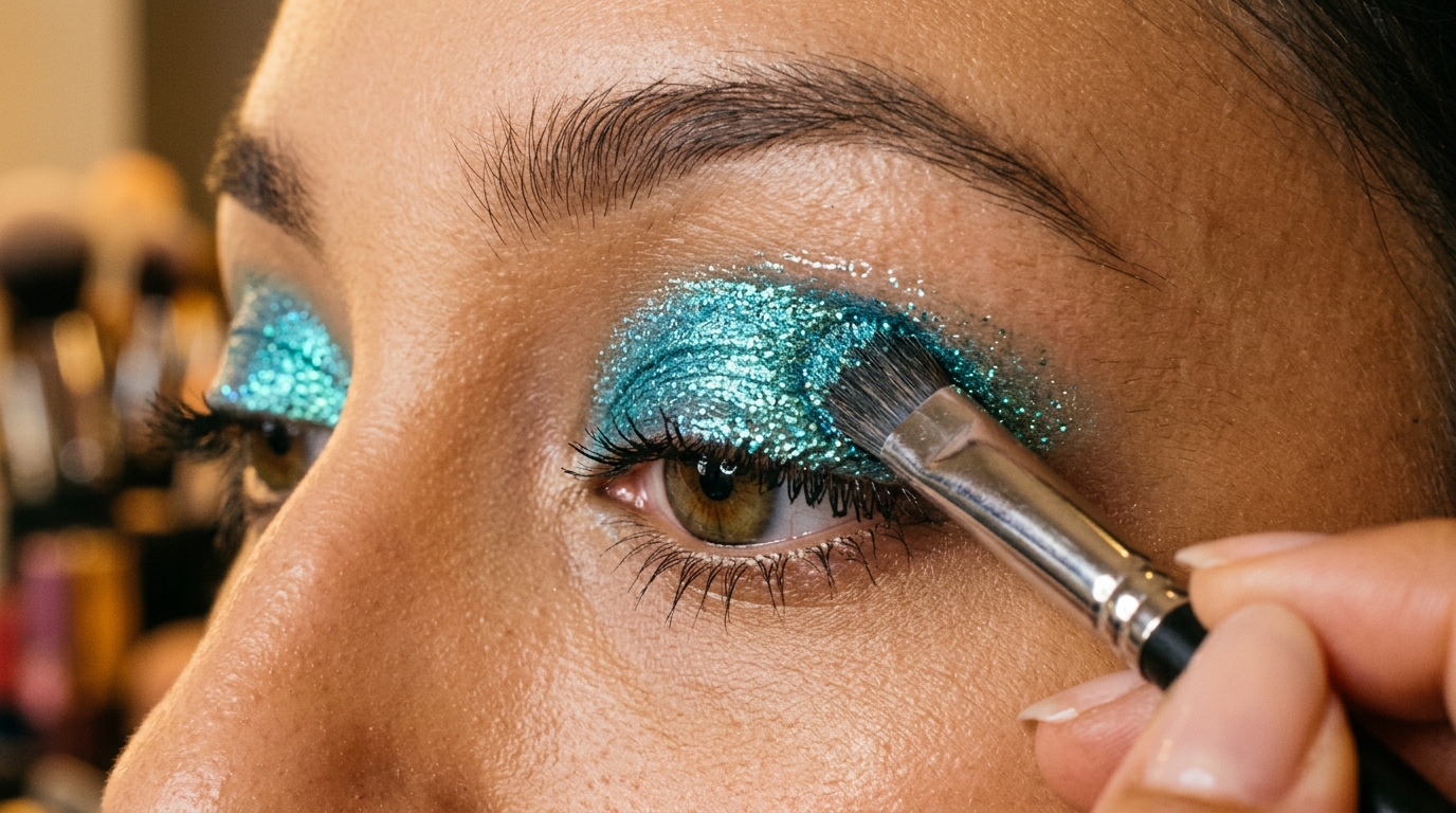 pressing iridescent aqua eyeshadow onto lid for mermaid eye effect