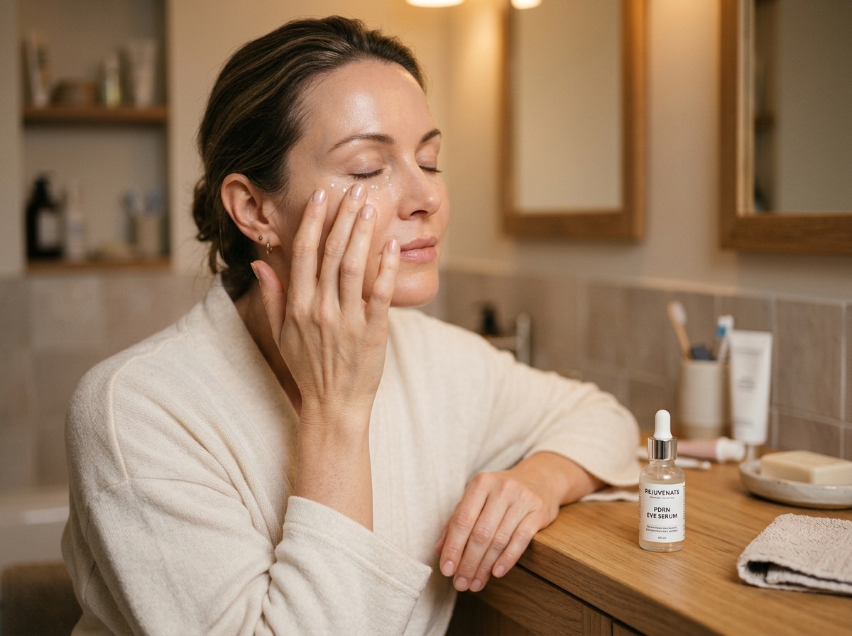 woman applying PDRN eye serum to orbital bone with ring finger