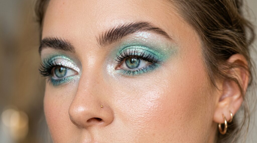 woman wearing iridescent aqua mermaid eye makeup summer 2026 trend