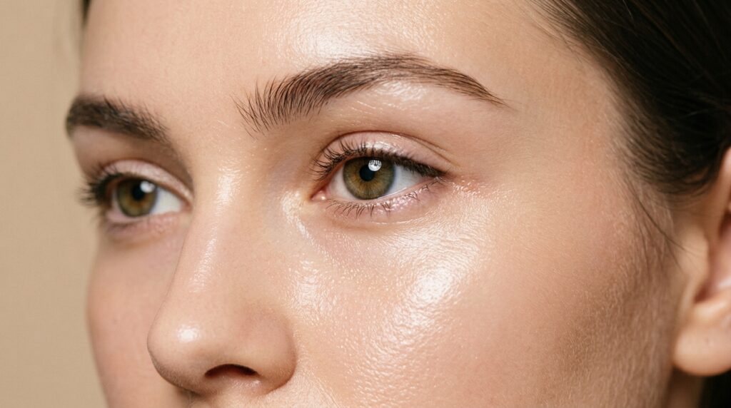 woman with glass skin eye area showing luminous dewy under eye glow